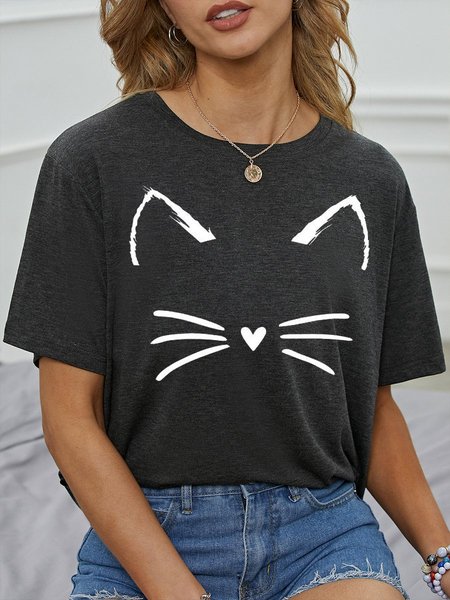 

Casual Crew Neck Shift Cotton-Blend Shirts & Tops, Black, T-shirts