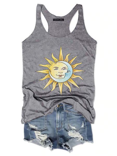 

The Romance Of the Sun And Moon Graphic Sleeveless Tank Top, Gray, Tank Tops