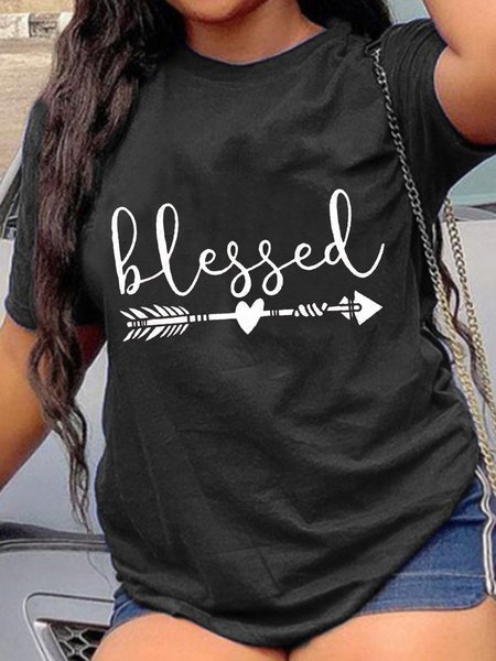 

Plus Size Blessed Short Sleeve Cotton Shirts & Tops, Black, Plus Size T-shirts