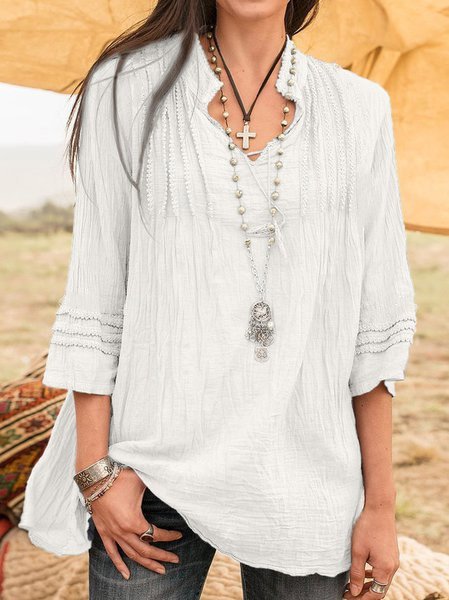 

Stand Collar 3/4 Sleeve Solid Cotton Top, White, Blouses & Shirts