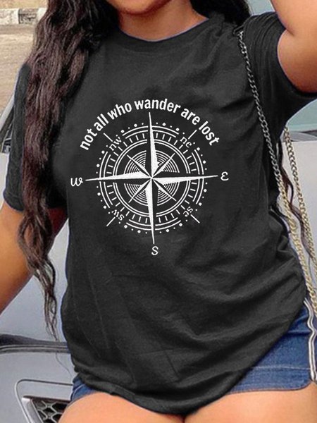 

Plus Size Not All Who Wander Are Lost Cotton Crew Neck Shirts & Tops, Black, Plus Size T-shirts