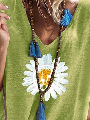 

Sun flower Cotton-Blend Casual Short Sleeve Tops, Green, T-Shirts