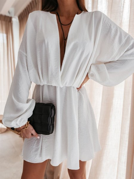 

Long Sleeve Casual Solid Daily Mini Dress, White, Mini Dresses