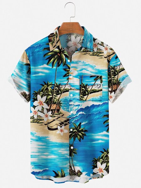 

Men's Comfortable Fashion Hawaiian Chest Pocket Shirt, Blue, Men's Floral shirt