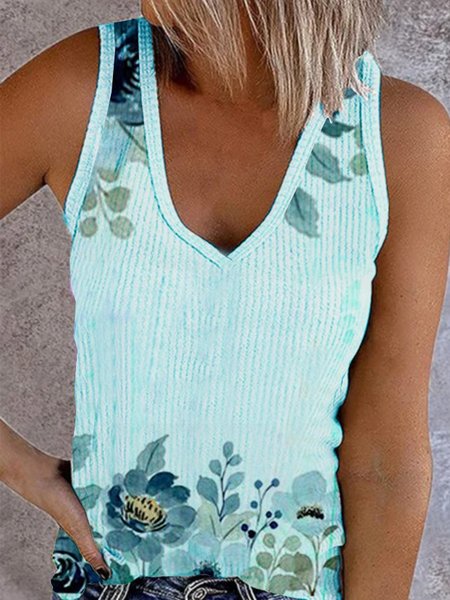 

Floreale senza maniche Stampato Misto Cotone Scollo a V Casuale Estate Blu Superiore, Blouses & Shirts