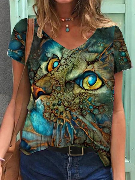 

Scollo a V Pastorale Carina Gatto Camicie & Top, Blu, T-Shirts