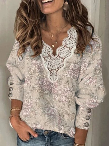 

Long Sleeve Color-Block Cotton Shirts & Tops, As picture, Knitwear & Sweaters