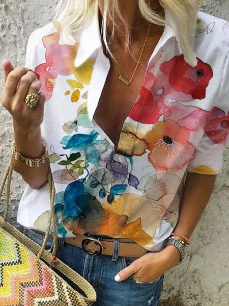 

Casual Floral Print V-neck Blouse, As picture, Blouses & Shirts