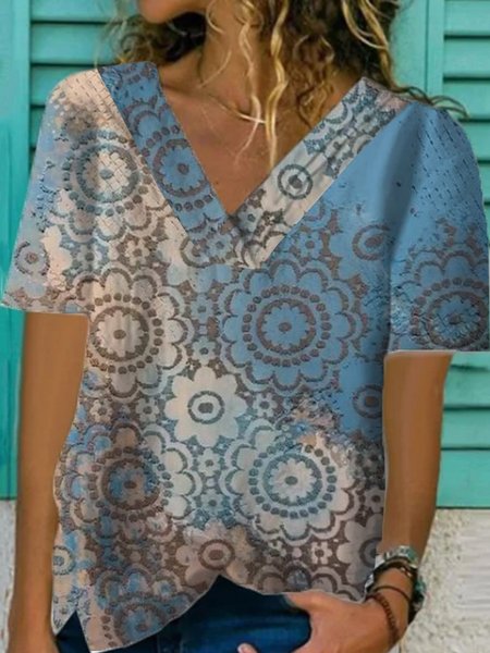 

Floral Short Sleeve Printed Polyester V neck Vintage Summer Blue Top, Blouses & Shirts