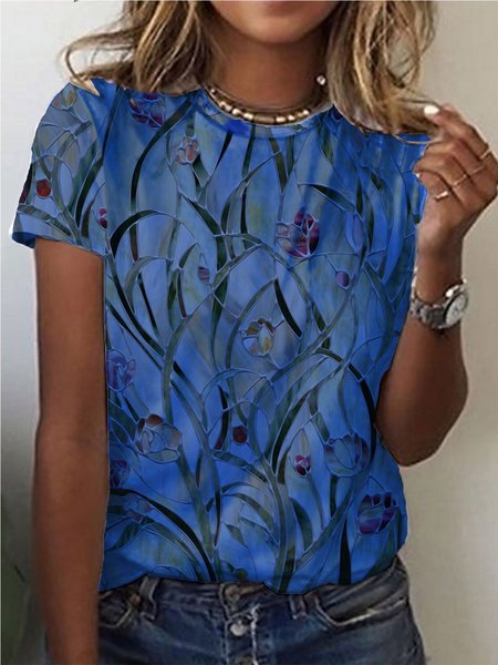 

Girocollo Maniche Corte Casuale Top, Blu, Tops