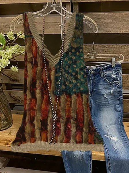 

Plus Size Casual Sleeveless Cotton-Blend V Neck Vintage Tops, Multicolor, Tank Top