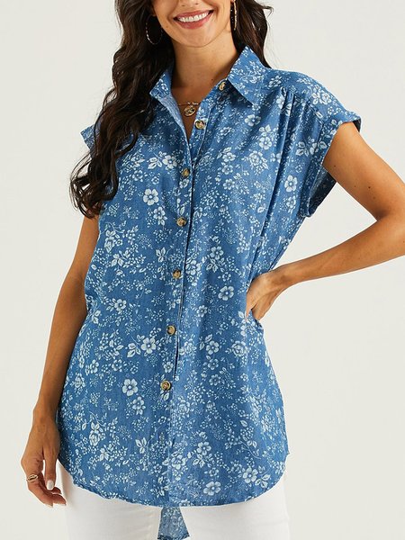 

Floral Printed Casual Short Sleeve Shirts & Tops, Blue, Shirts & Blouses
