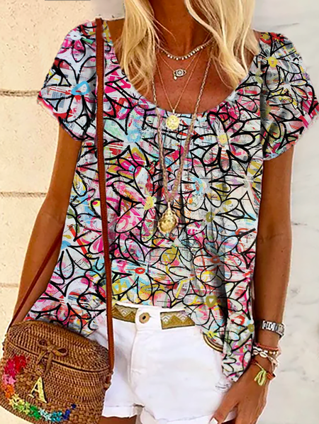 

Maniche Corte Floreale Vacanza Top, Viola, T-Shirts