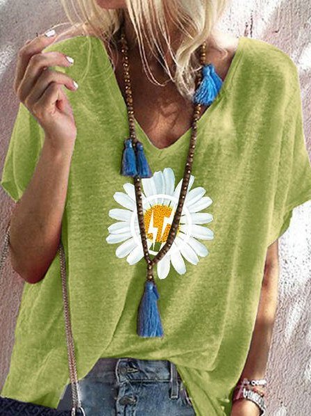 

Sole fiore Misto Cotone Casuale Maniche Corte Camicie & Top, Verde, Blouses & Shirts