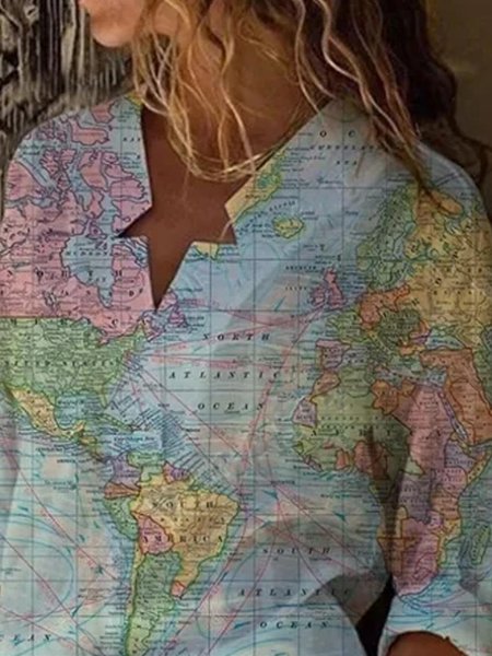 

Abstract Casual World Map Print Blouse, As picture, Shirts & Blouses