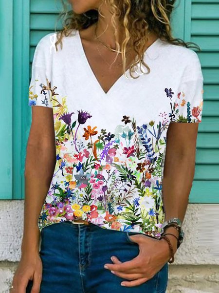 

Floreale Maniche Corte Stampato Scollo a V Casuale Estate Bianco Superiore Misto Cotone, T-Shirts