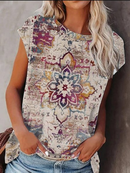

Ethnic print casual T-shirt, As picture, Tees & T-shirts