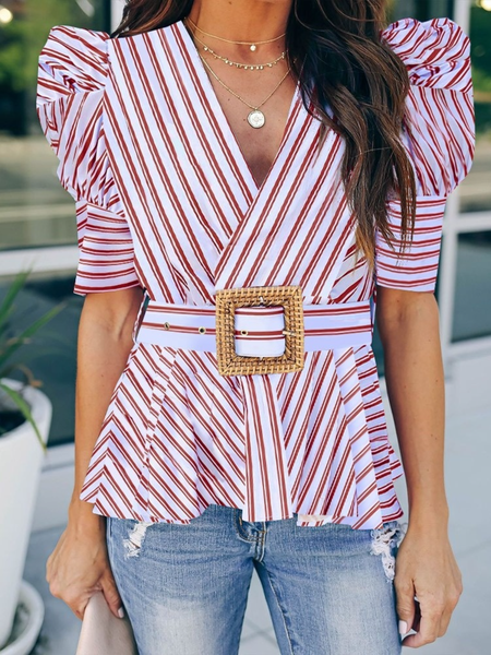 

V Neck A-Line Short Sleeve Lady Blouse, Red, Blouses and Shirts