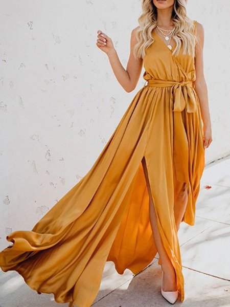 

Sleeveless V Neck Swing Solid Maxi Dress, Yellow, Maxi Dresses