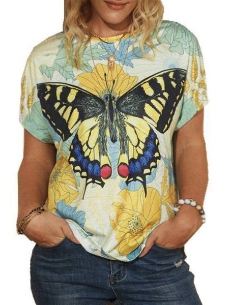 

crew neck butterfly casual shirts & tops, Yellow, T-Shirts