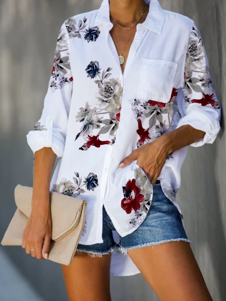 Camicie & Top Casuale Floreale Misto Cotone, Bianco, Blouses & Shirts
