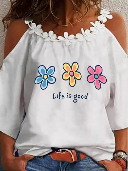 

3/4 Sleeve Crew Neck Printed Casual Shirts & Tops, White, Tops