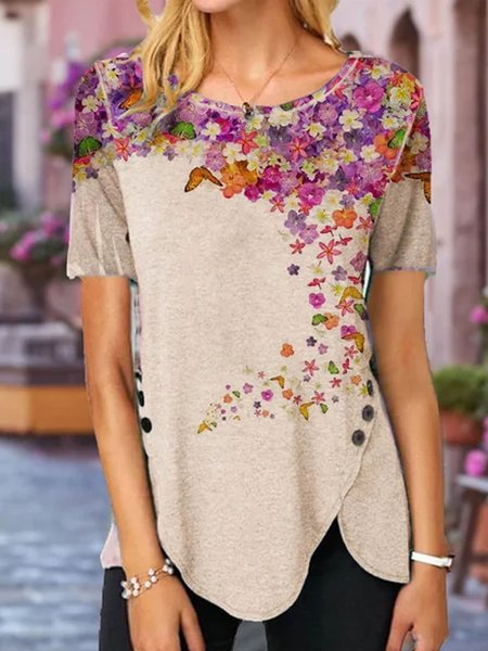 

Colore-block Casuale Maniche Corte Top, Albicocca, Blouses & Shirts