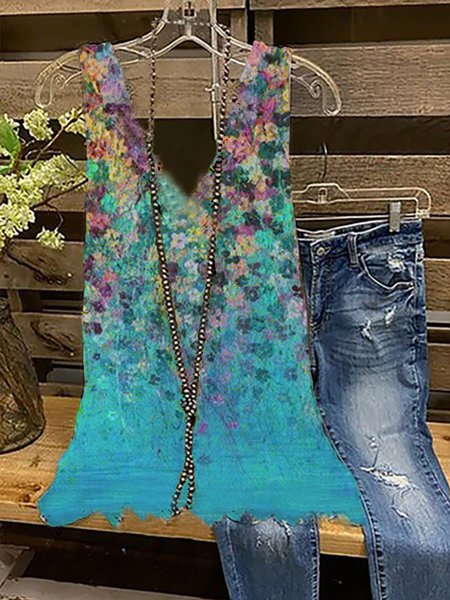

Vintage V Neck Printed Sleeveless Shirts & Tops, Blue, Tank Top