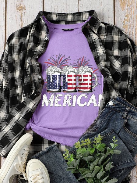 

American Flag And Beer Short Sleeve Cotton Casual Shirts & Tops, Purple, Tank Tops