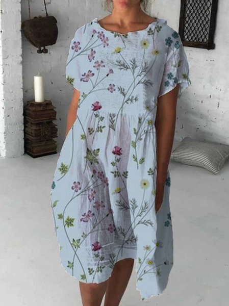 

Maniche Corte Misto Cotone Gonna Casuale, Blu, Midi Dresses