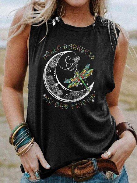 

Hello Darkness My Old Friend Dragonfly And Moon Graphic Short Sleeve T Shirt, Black, Tank Tops