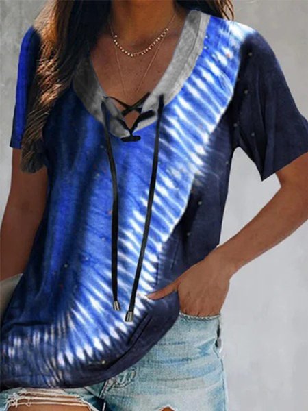 

Vintage Maniche Corte Scollo a V Geometrico Stampato taglia grande Casuale Top, Blu, Tops