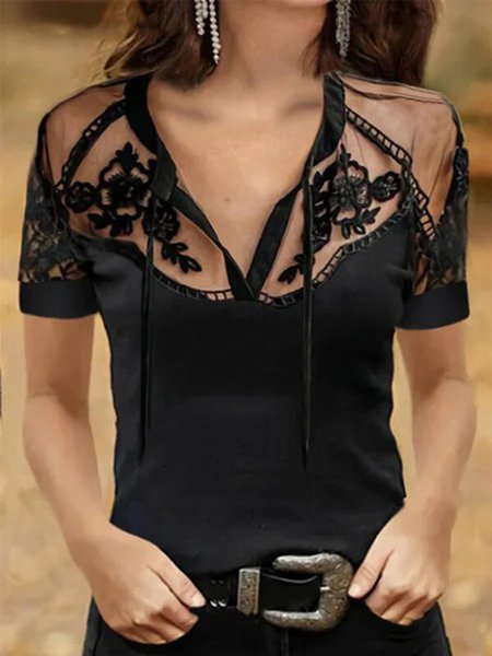 

Vintage Maniche Corte Scollo a V Floreale taglia grande Casuale Top, Nero, Blouses & Shirts