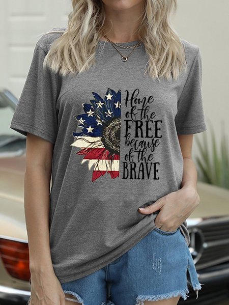 

Sunflower American Flag Home Of The Free Because Of The Brave Cotton-Blend Crew Neck T-shirt, Light gray, T-shirts