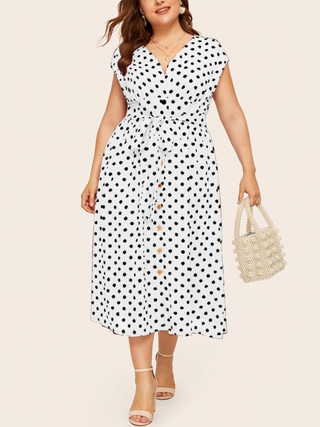 

Vintage Polka Dots Short Sleeve A-line Dresses, White, Casual Dresses