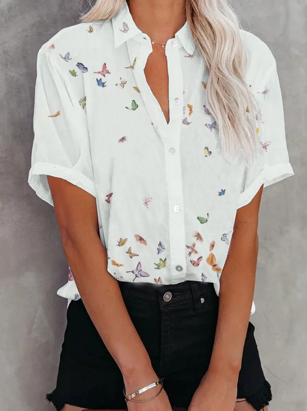 Animal Shirt Collar Short Sleeve Shift Blouse, Off white, Tops
