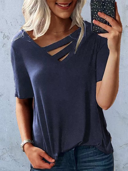 

Short Sleeve Plain Casual T-Shirts, Blue, T-Shirts