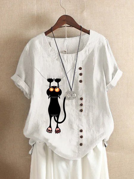 

White Animal Printed Buttoned Short Sleeve Casual Shift Shirts & Tops, Tops