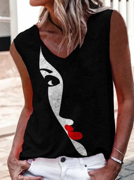 Women Art Printed Casual Sleeveless Shirts Tank Tops, Black, Tanks & Camis