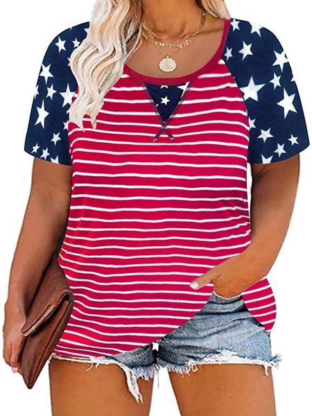 

Short Sleeve Stripes Crew Neck Casual Shirts & Tops, Red, T-Shirts
