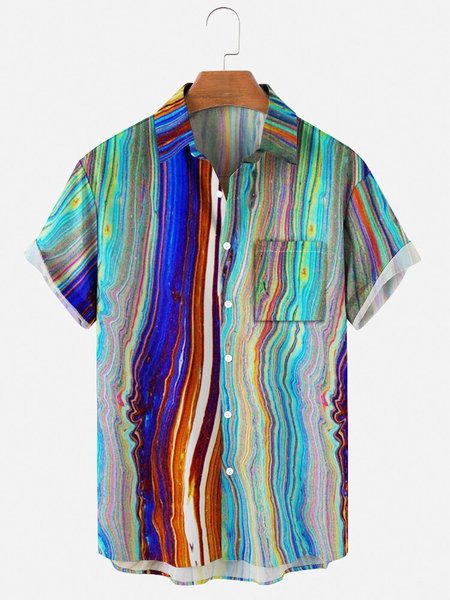 

Mens Wave Striped Print Casual Lapel Pocket Short Sleeve Hawaiian Shirts, Blue, Men's Floral shirt