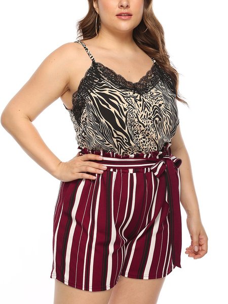 

Casual Polyester Cotton Stripes Pants, Red-white, Shorts