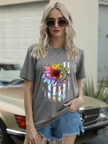 

Colorful Sunflower Skull American Flag T-Shirt Tee, Light gray, T-shirts