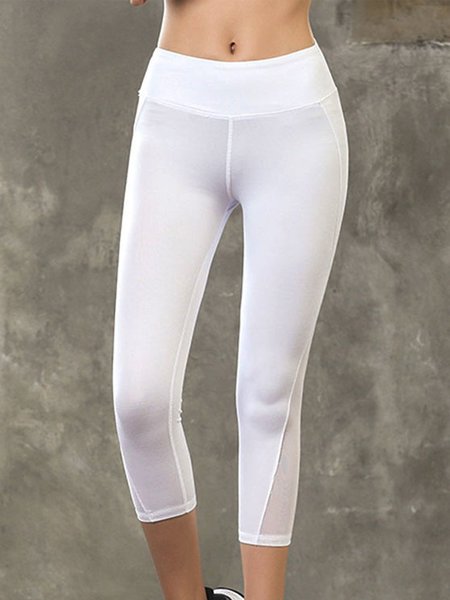 

Solid Mesh Breathable Easticity Plus Size Casual Yoga Sport Pants, White, Leggings
