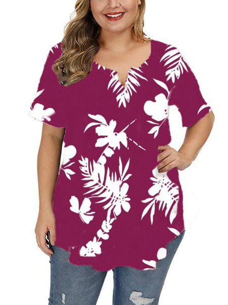 

short sleeve casual floral floral-print shirts & tops, Wine red, T-Shirts