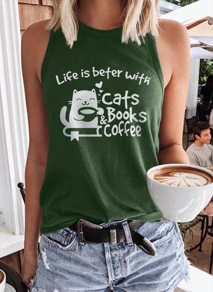 

Life Is Better With Coffee Cats And Books Graphic Short Sleeve T Shirt, Dark green, Tank Tops