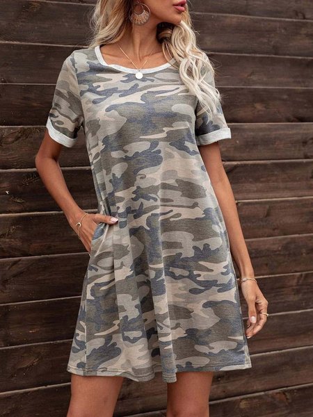 

Casual Camo Cotton-Blend Short Sleeve Dresses, As picture, Casual Dresses