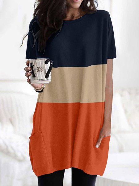 

Casual Color-Block Print T-shirt Short-sleeved Loose Pocket Tunic Tops, Orange, T-Shirts