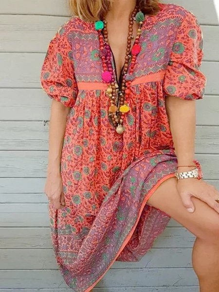 

Abito con Scollo a V Bohemian Casuale, Rosso, Casual Dresses
