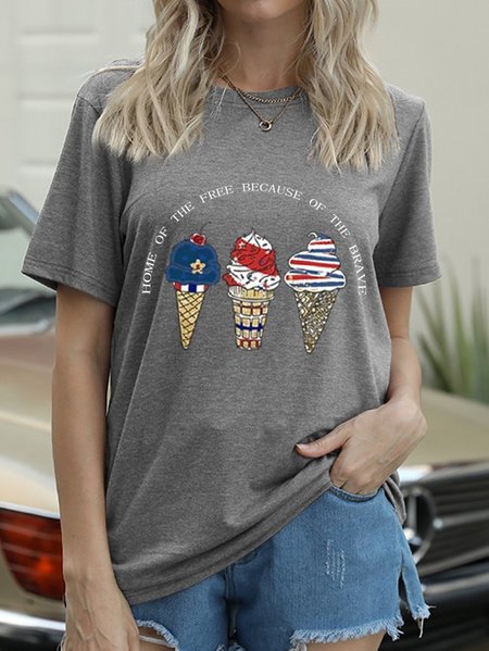 

American Flag Home Of The Free Because Of The Brave Crew Neck Cotton-Blend T-shirt, Light gray, T-shirts
